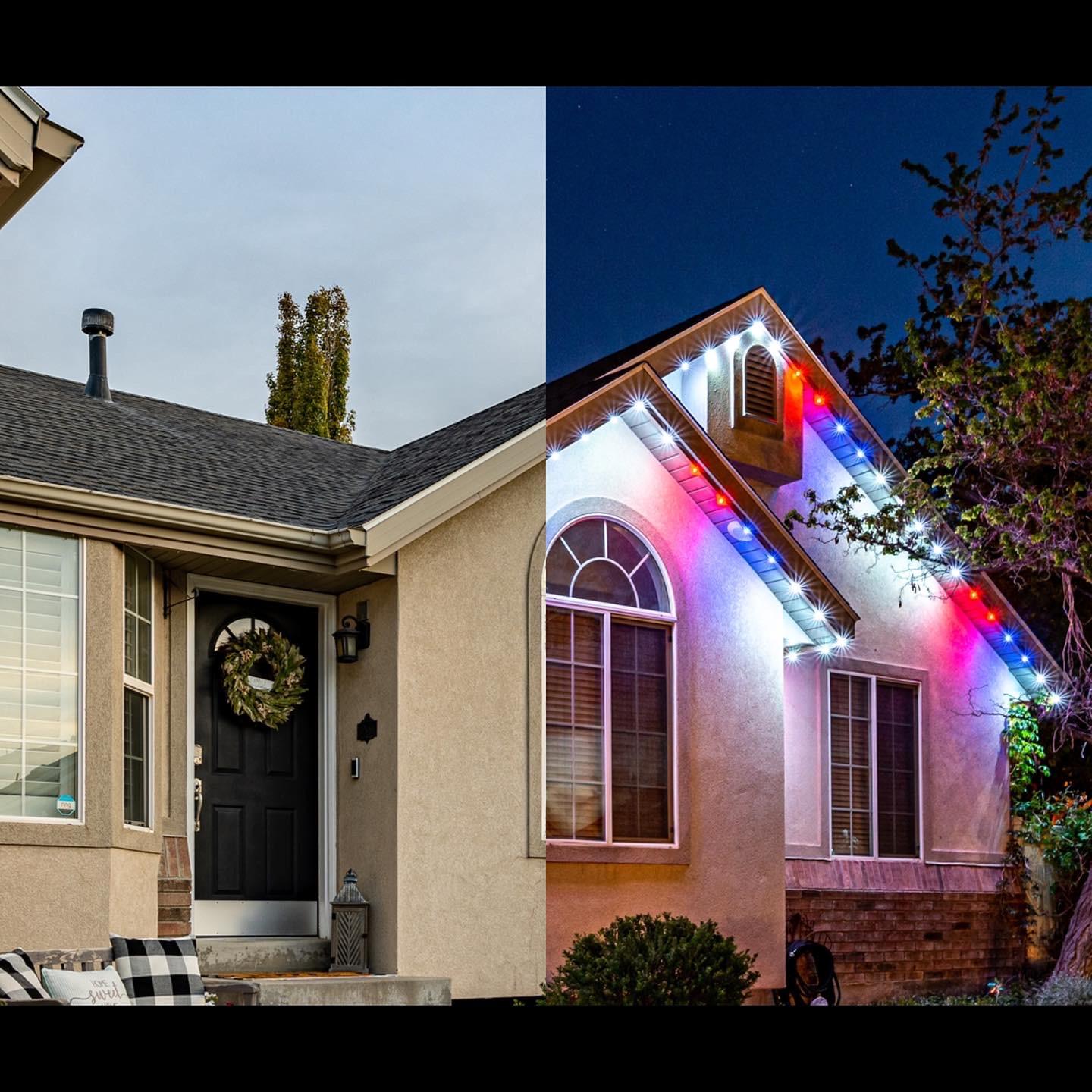 Before and after Trimlight installation - daytime vs nighttime with colorful LED display
