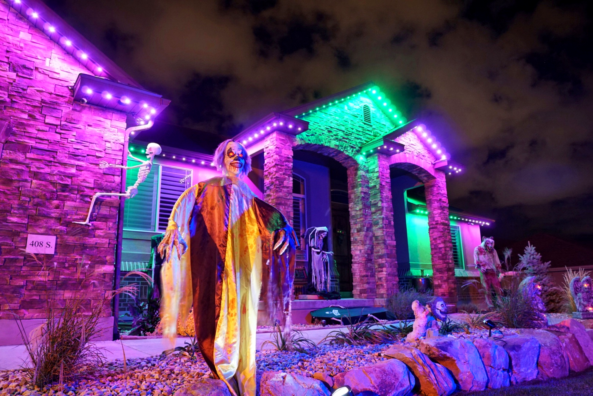 Residence with Halloween orange and purple lights