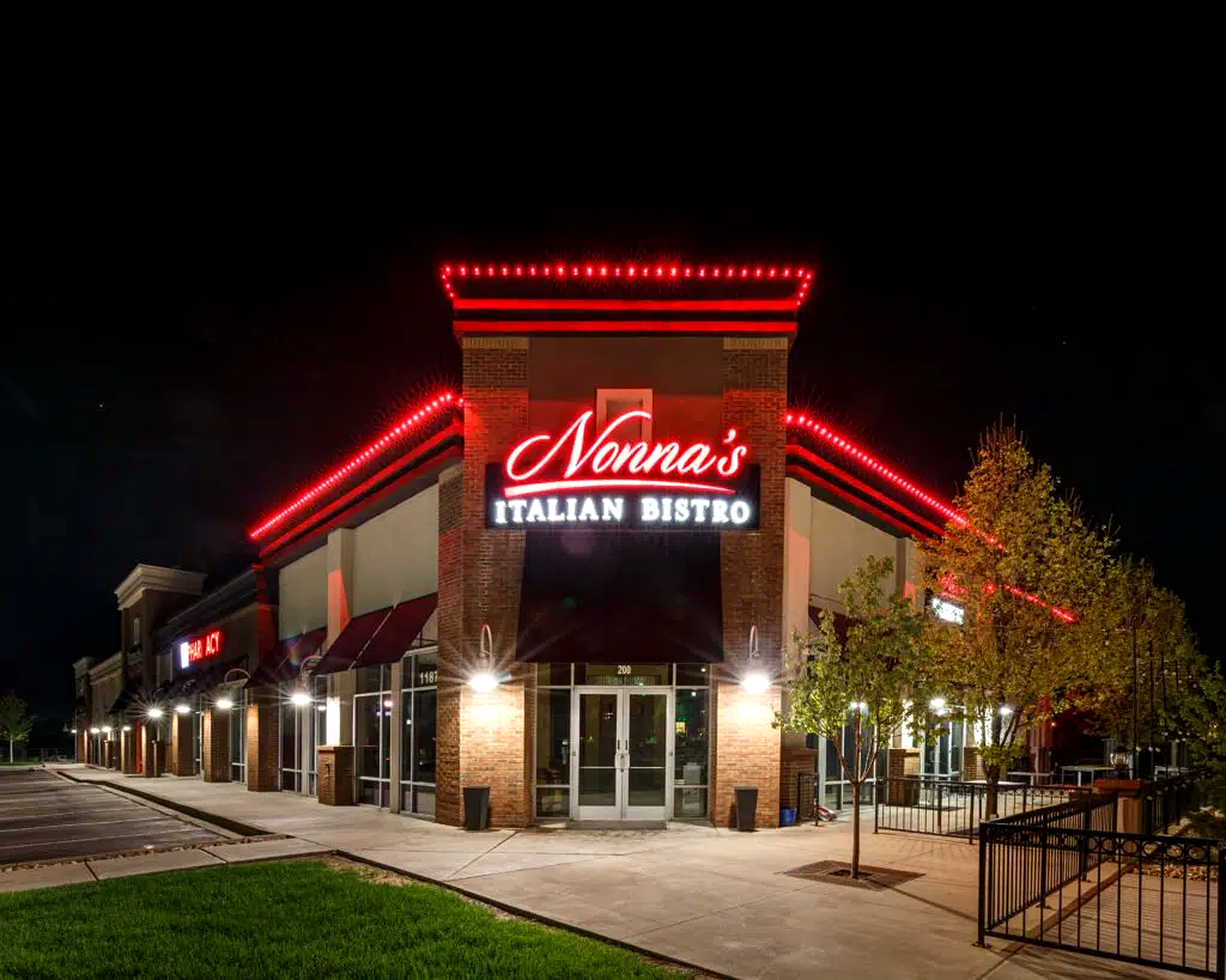 Restaurant patio with warm ambiance lighting